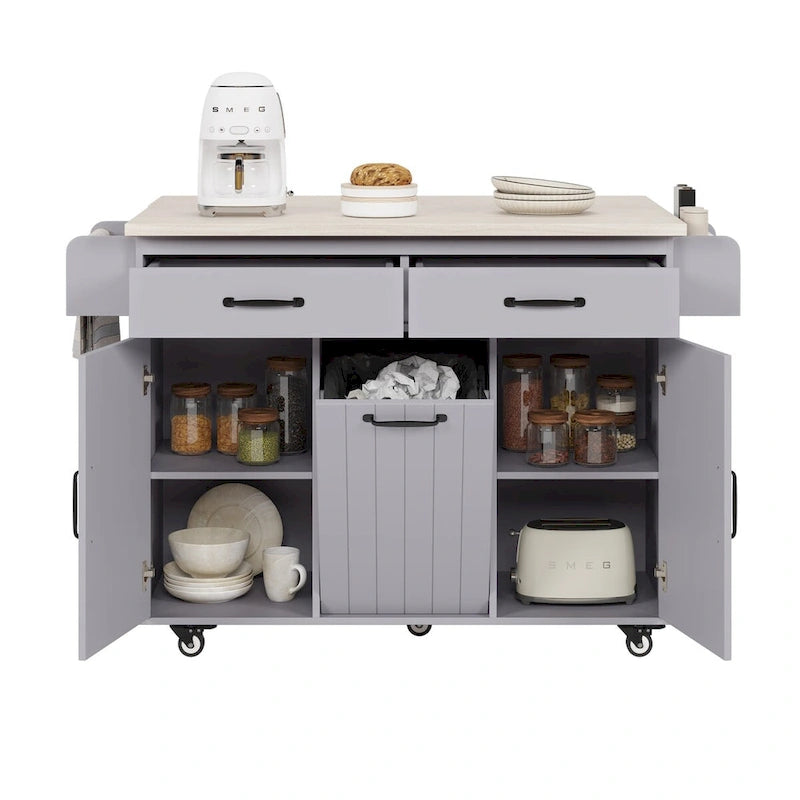 Isla de cocina de 43.8 pulgadas de ancho con armario de almacenamiento para cubo de basura