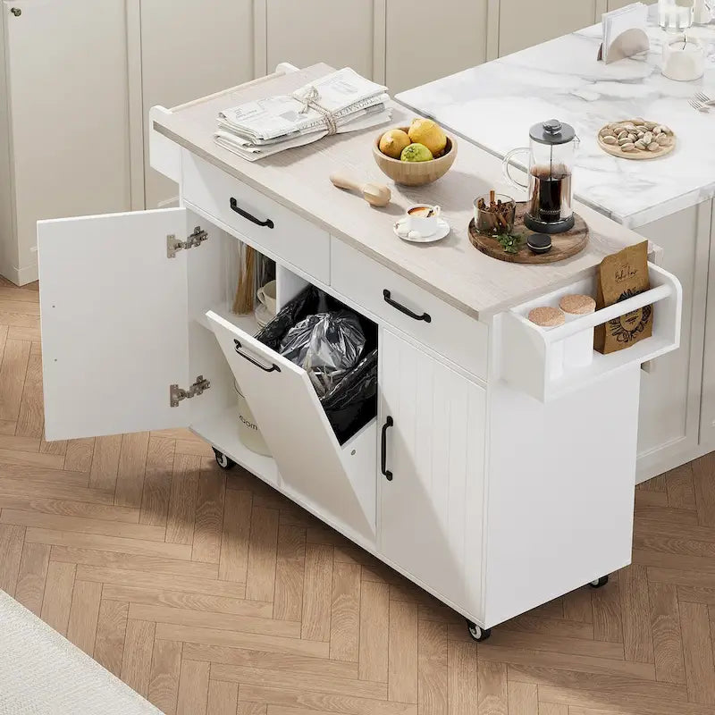 Isla de cocina de 43.8 pulgadas de ancho con armario de almacenamiento para cubo de basura