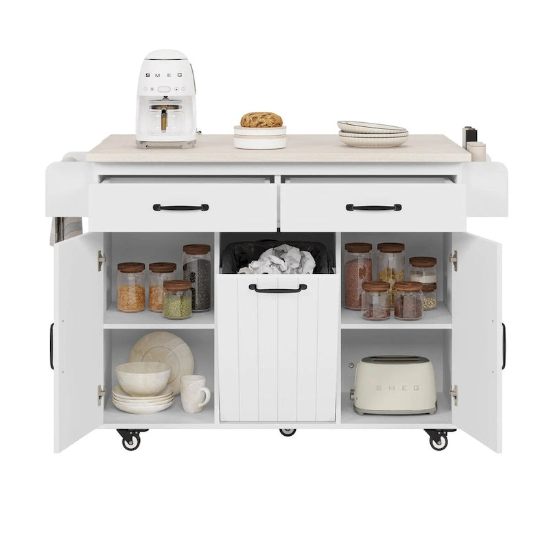 Isla de cocina de 43.8 pulgadas de ancho con armario de almacenamiento para cubo de basura